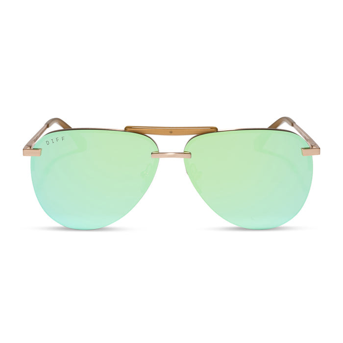 diff eyewear tahoe oversized aviator sunglasses with a gold metal frame and dew drop blue mirror polarized front view