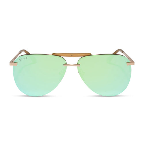 diff eyewear tahoe oversized aviator sunglasses with a gold metal frame and dew drop blue mirror polarized front view
