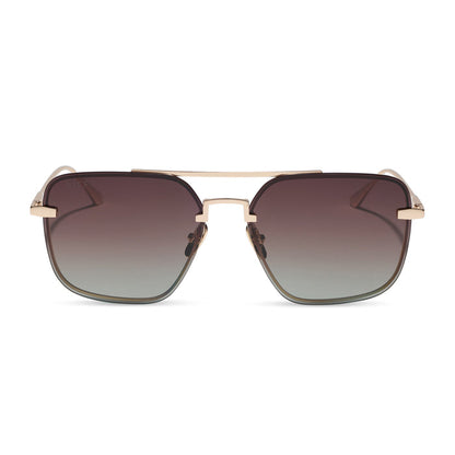 diff eyewear teddy oversized navigator sunglasses with a gold metal frame and brown gradient polarized lenses front view
