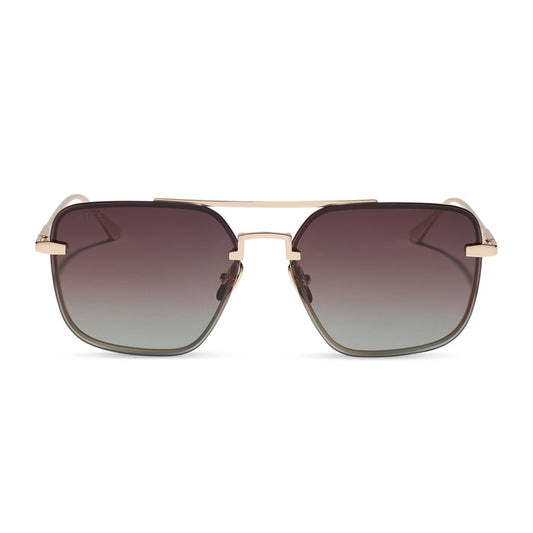 diff eyewear teddy oversized navigator sunglasses with a gold metal frame and brown gradient polarized lenses front view