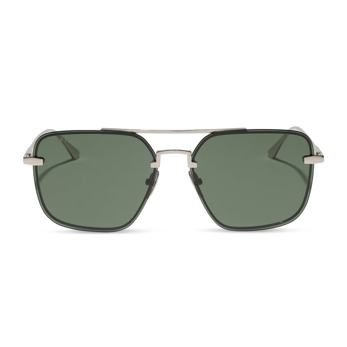 diff eyewear teddy oversized navigator sunglasses with a silver metal frame and g15 lenses front view