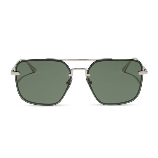 diff eyewear teddy oversized navigator sunglasses with a silver metal frame and g15 lenses front view