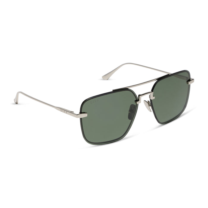 diff eyewear teddy oversized navigator sunglasses with a silver metal frame and g15 lenses angled view