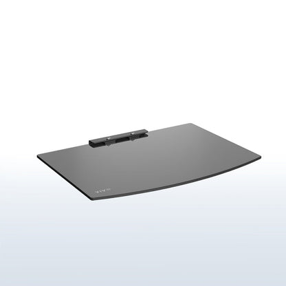 Modern look tempered glass floating shelf with sturdy steel frame.