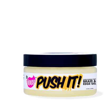 A container of The Doux Push It! Honey Braid & Edge Gel with a yellow label, black lid, and pink text.