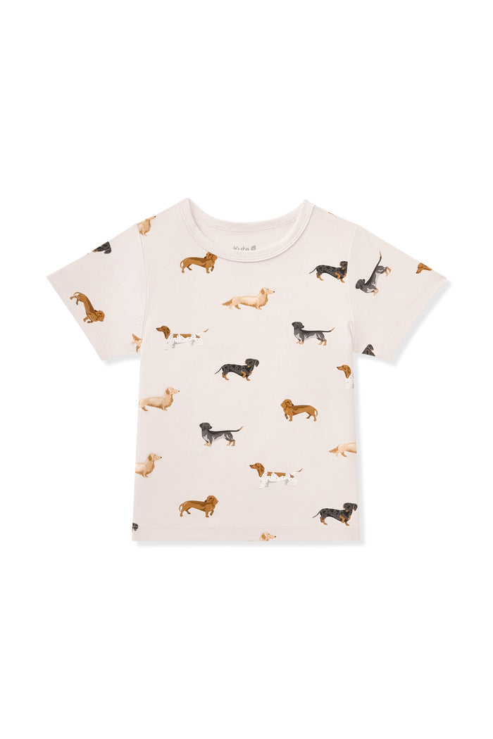 Beige Toddler Basic Tee in Dachshund print on a white background