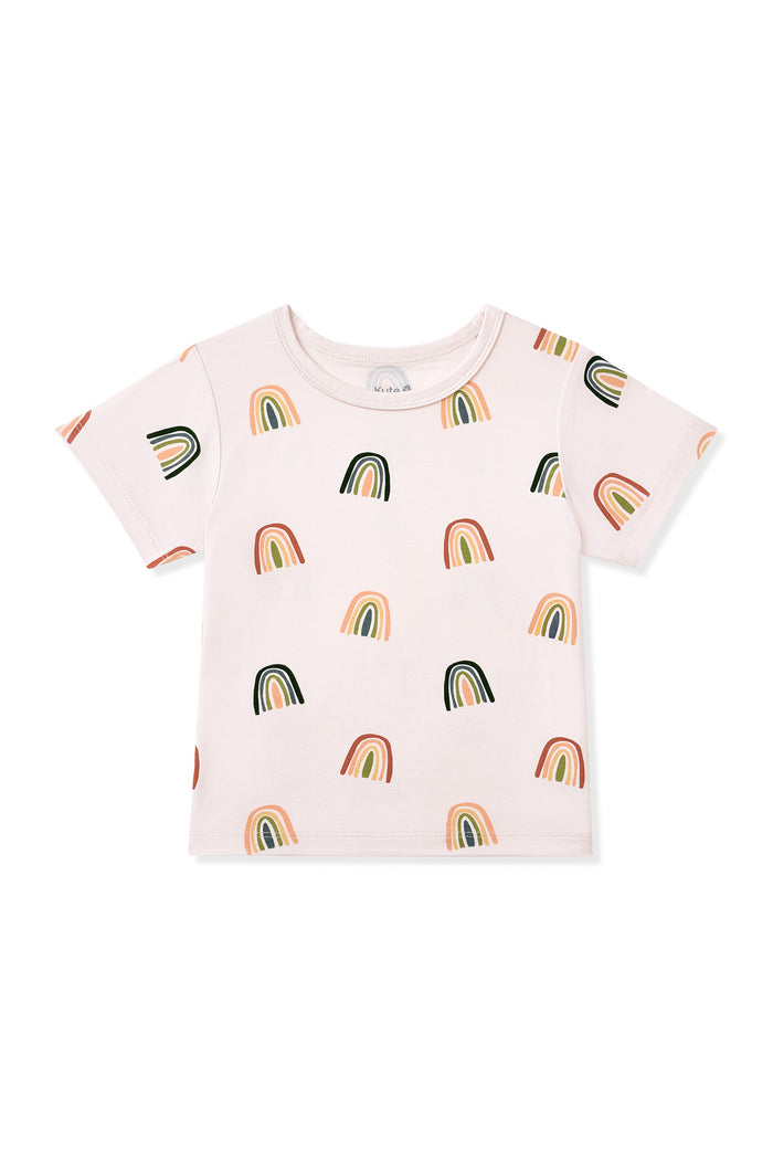Vanilla cream Toddler Basic Tee in Retro Rainbow print on a white background