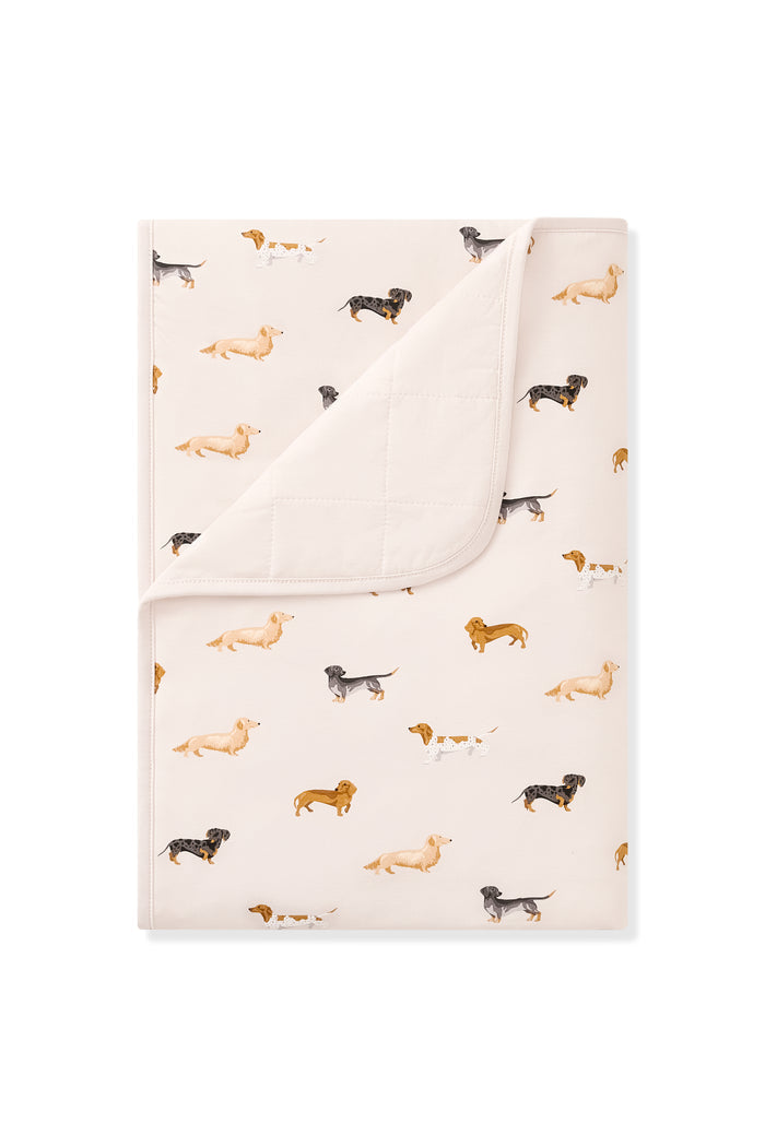 Beige Toddler Blanket in Dachshund print on white background