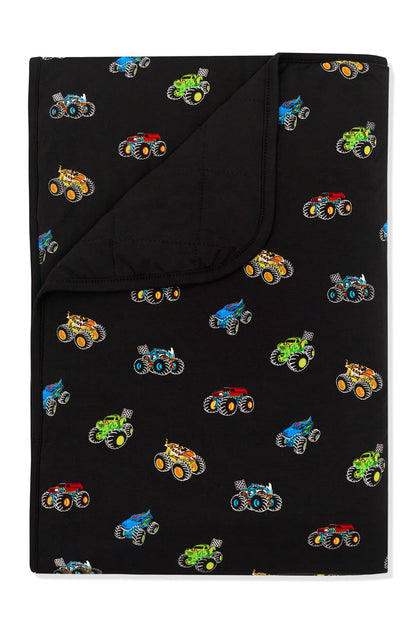 Colorful Monster truck print on Black Toddler Blanket on white background