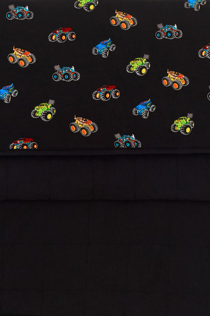 Front and back of Black Toddler Blanket in Monster truck print