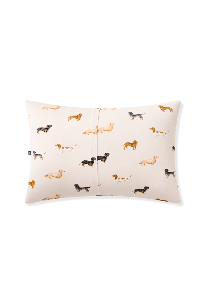 Back of Beige Toddler Pillowcase with Dachshund print on a white background