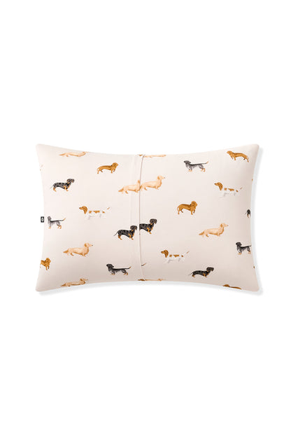 Back of Beige Toddler Pillowcase with Dachshund print on a white background
