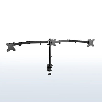 Sturdy height adjustable triple monitor desk mount.