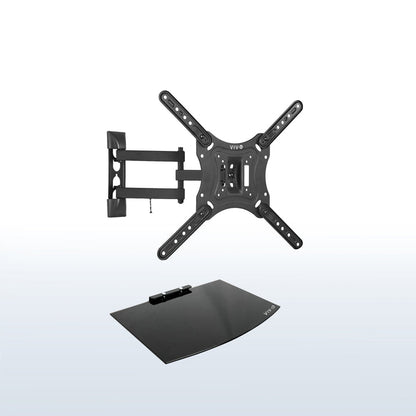 Sturdy TV wall mount with a tempered glass shelf.