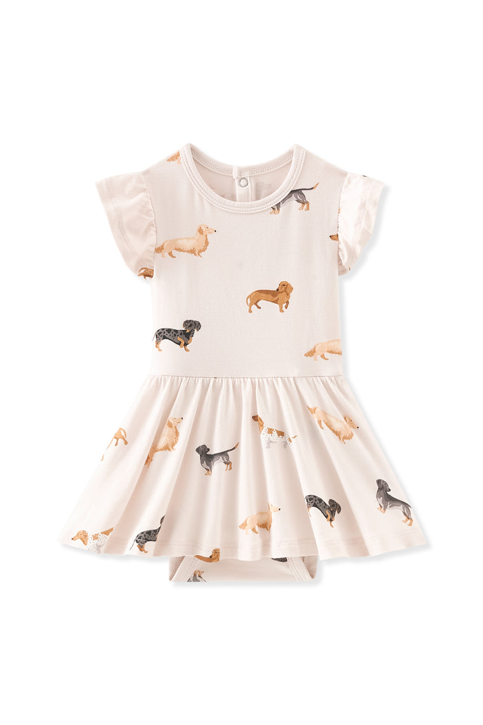 Beige Twirl Bodysuit Dress in Dachshund print on a white background