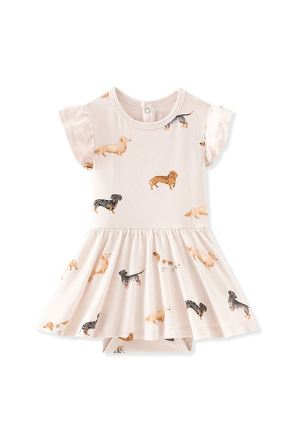 Beige Twirl Bodysuit Dress in Dachshund print on a white background