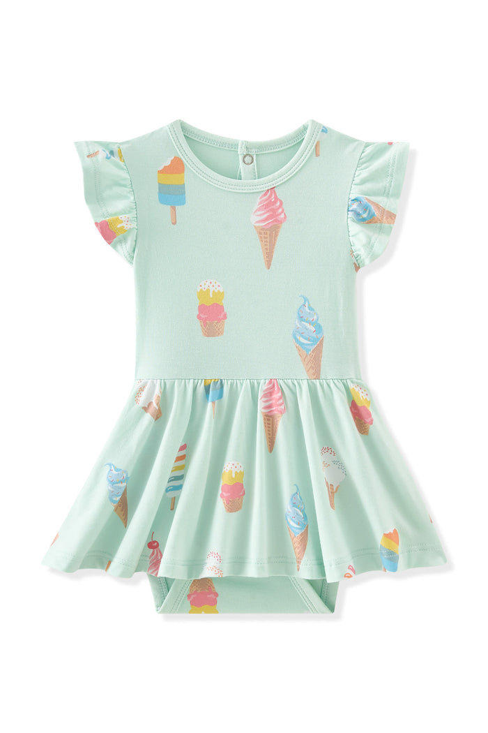 Mint Twirl Bodysuit Dress with Ice Cream print on white background