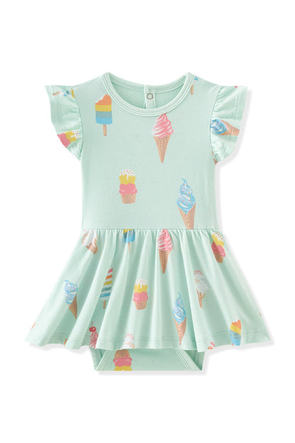 Mint Twirl Bodysuit Dress with Ice Cream print on white background