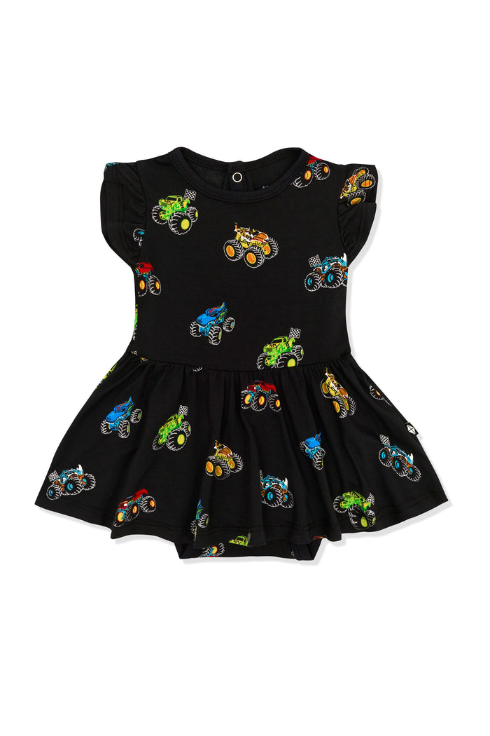 Twirl Bodysuit Dress in Monster Truck print on white background