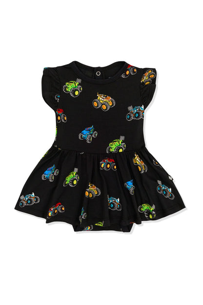 Twirl Bodysuit Dress in Monster Truck print on white background