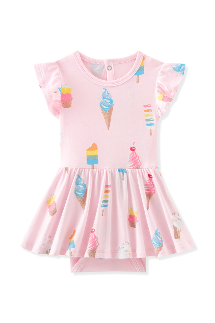 Pink Twirl Bodysuit Dress in Ice Cream print on white background
