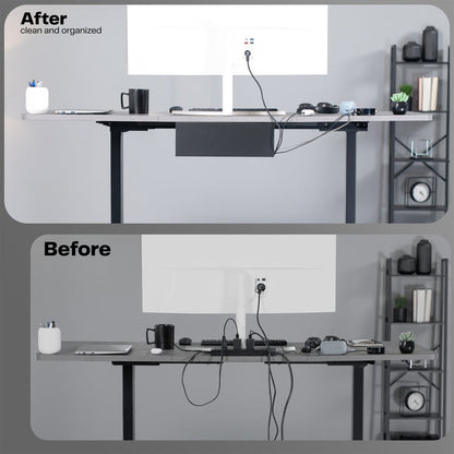 Before and after comparison of a desk setup with cleaning and organization.