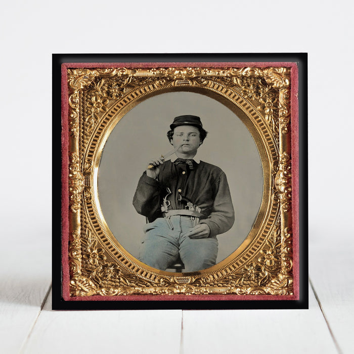 Union Soldier with Two Revolvers Picking his Teeth with a Bowie Knife - Civil War Era