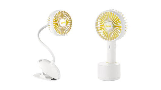 Abgebildet sind die Unold Ventilatoren-Sets Tischventilator Breezy Clip und Handventilator Breezy Swing: einer mit flexiblem Schwanenhals und Clip-Basis, der andere Handventilator mit Ladestation. Beide verfügen über runde Gitter in Weiß und Gelb.