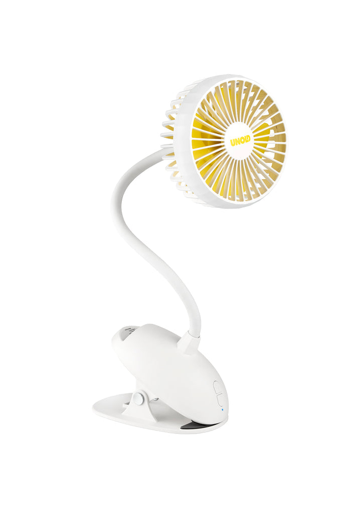 Das Unold Ventilatoren-Set Tischventilator Breezy Clip ist ein kompakter weiß-gelber Clip-Ventilator mit flexiblem Hals für einstellbaren Luftstrom und dem Unold-Logo in der Mitte des Frontgitters.