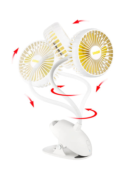 Das Unold Ventilatoren-Set Tischventilator Breezy Clip + Handventilator Breezy Swing verfügt über einen weiß-gelben Doppelkopf-Clip-On-Ventilator mit flexiblen, verstellbaren Armen für 360°-Drehung und multidirektionalen Luftstrom.