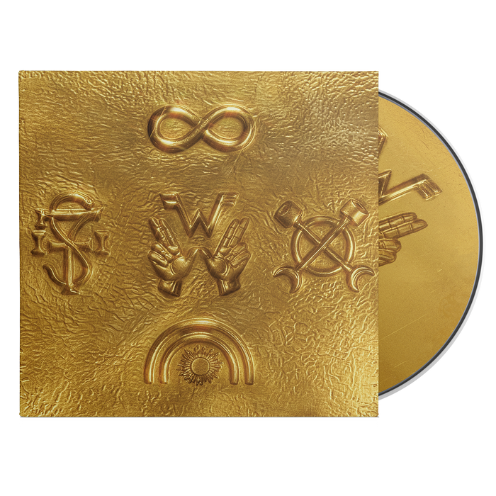 Golden vinyl preservation disc with embossed four symbols and textured metallic surface from weezer archive wzr product