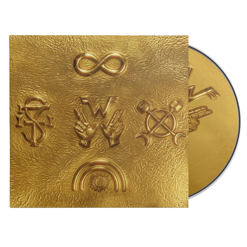 Golden vinyl preservation disc with embossed four symbols and textured metallic surface from weezer archive wzr product