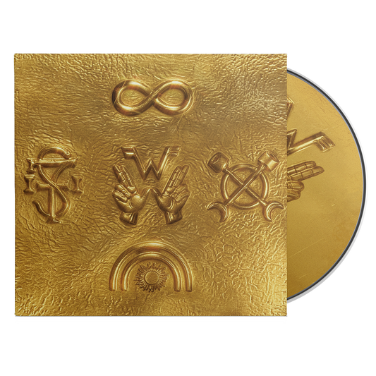 Golden vinyl preservation disc with embossed four symbols and textured metallic surface from weezer archive wzr product