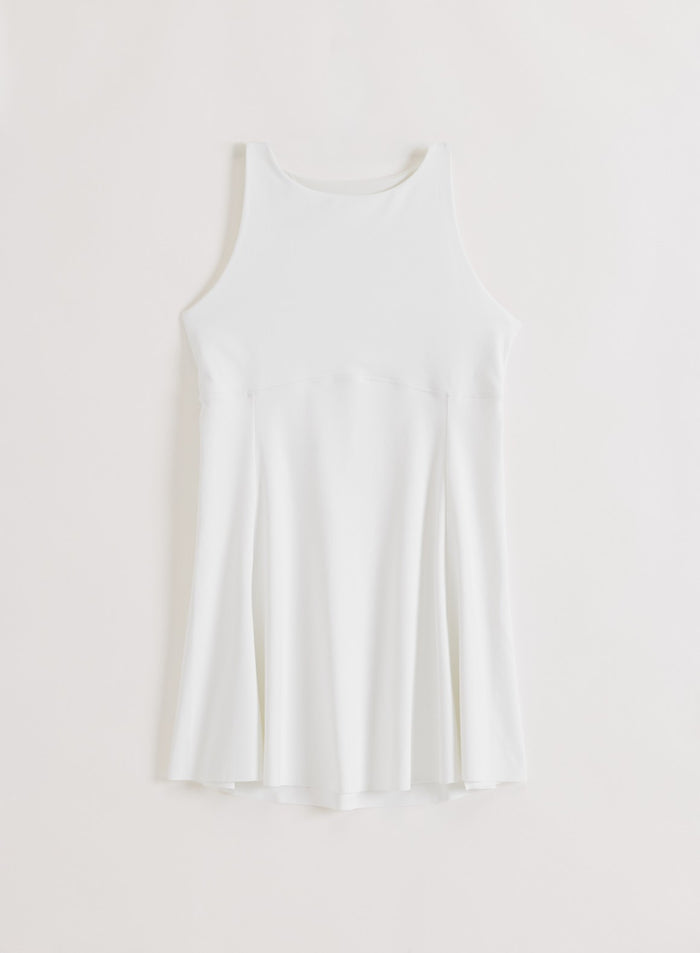 Sleek white Sense High Neck Dress by aim'n with a flared skirt shown in a clean flatlay arrangement.