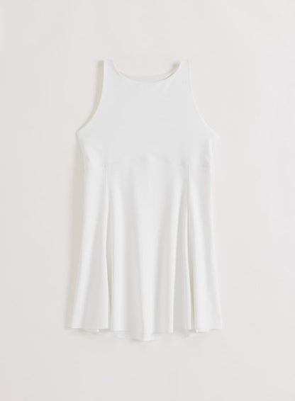 Sleek white Sense High Neck Dress by aim'n with a flared skirt shown in a clean flatlay arrangement.