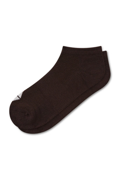 A single low-cut ankle sock in dark brown with a small white accent on the toe, shown against a plain white background.