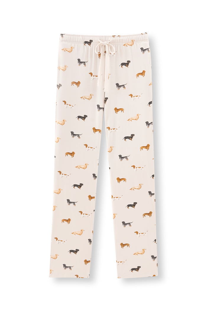 Beige Women's Lounge Pants in Dachshund print on a white background