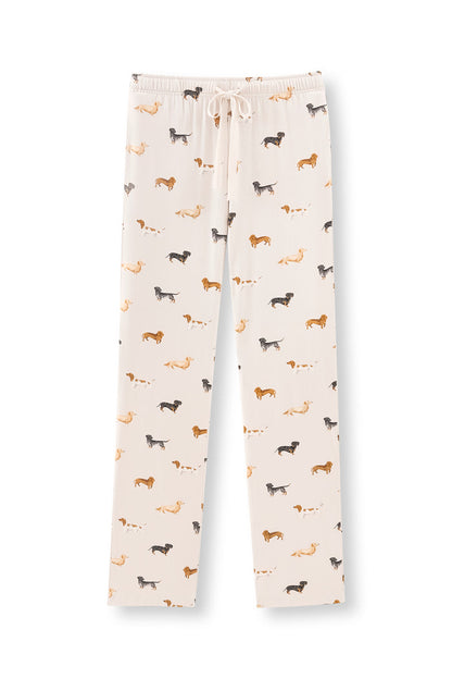 Beige Women's Lounge Pants in Dachshund print on a white background