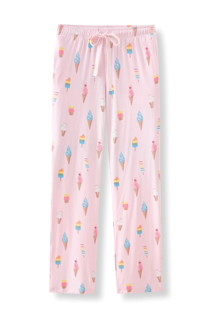 Pink Women's Lounge Pants in Ice Cream print with drawstring on white background