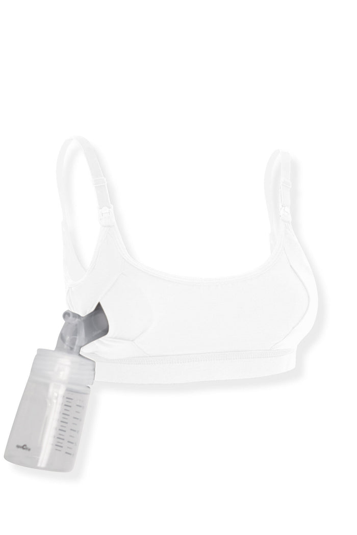 Clear pumping bottle attached to a white pumping bra