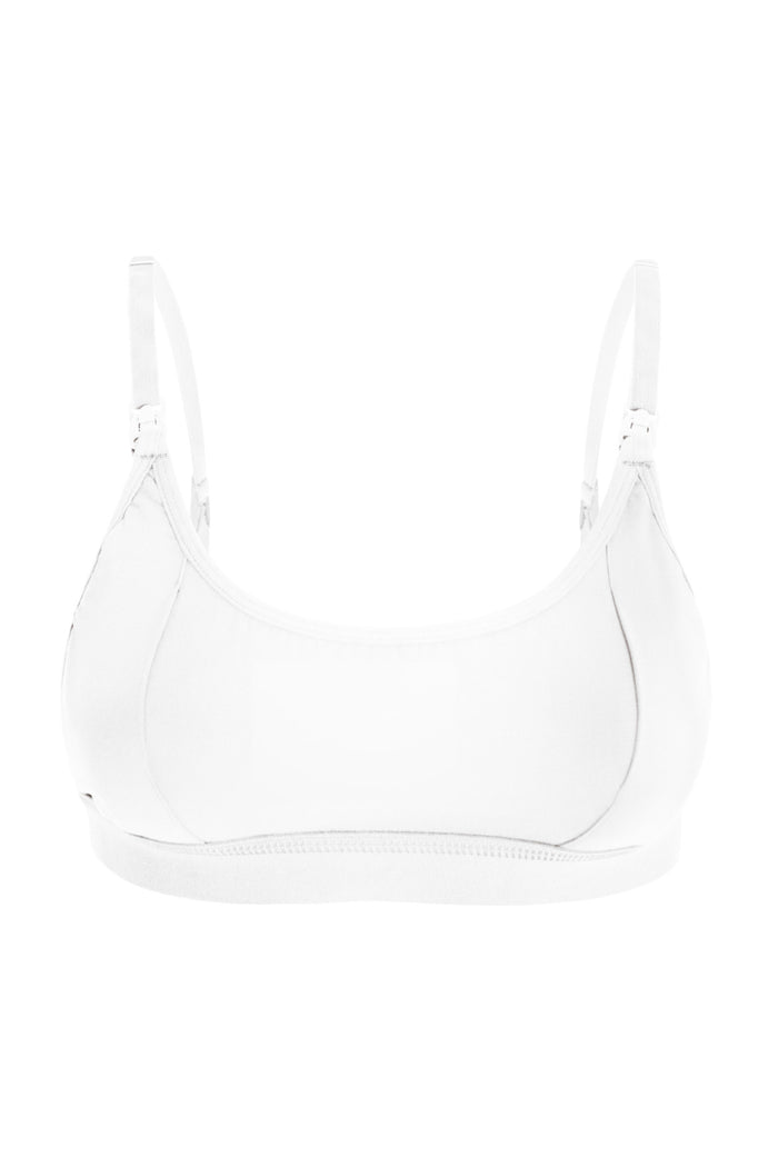 White bra with pumping openings and clips for nursing