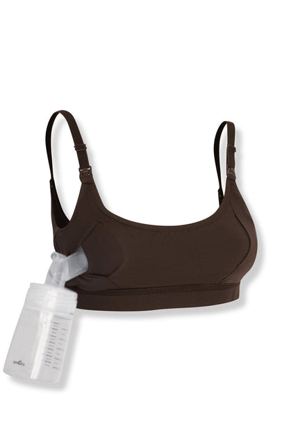 Clear pumping bottle attached to a dark brown pumping bra