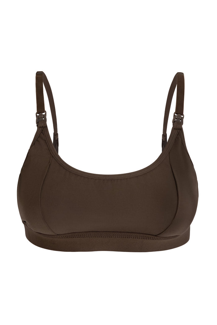 Brown bra with pumping openings and clips for nursing