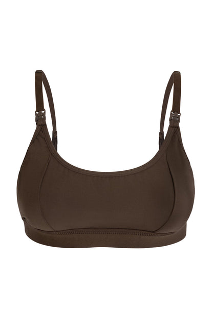 Brown bra with pumping openings and clips for nursing
