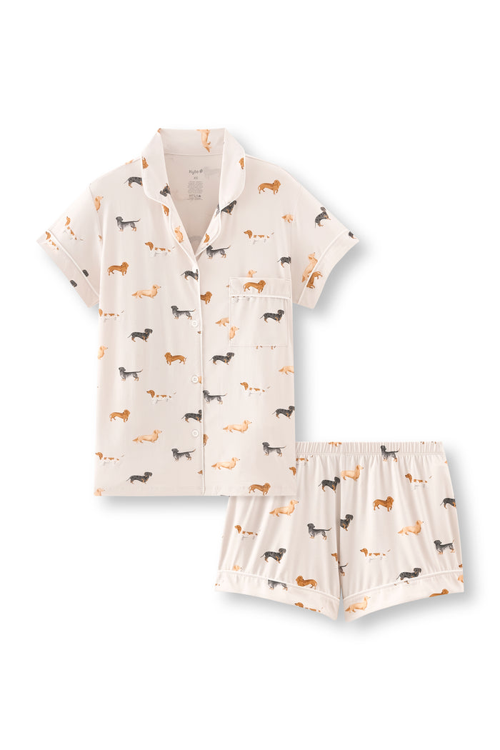 Beige Women's Short Sleeve Pajama Set in Dachshund print on a white background