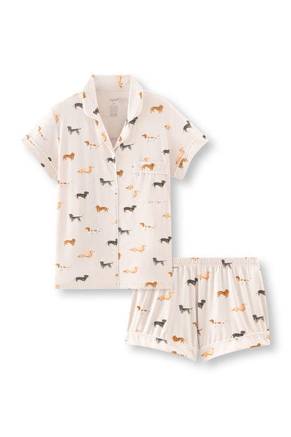 Beige Women's Short Sleeve Pajama Set in Dachshund print on a white background
