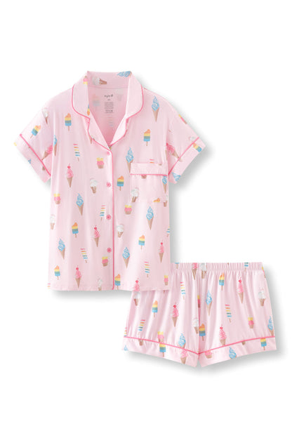 Pink Women's Short Sleeve Pajama Set in Ice Cream print on white background