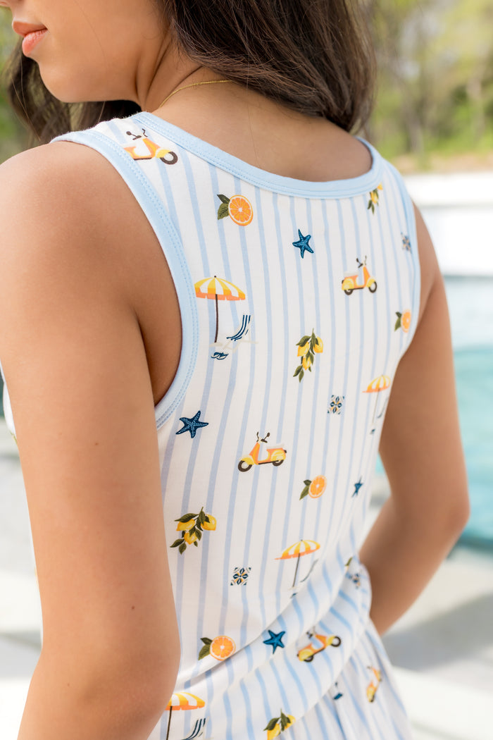 The back of the shirt of the Women's Tank Set in Amalfi Coast shown on a female model
