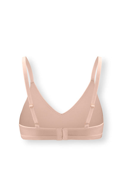 Back side of Women's V-Neck Bra in Chai on white background