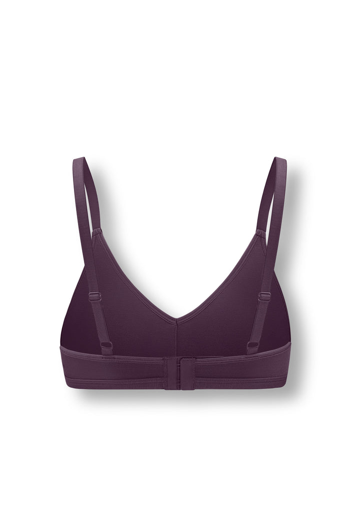 Back side of Women's V-Neck Bra in Currant on white background